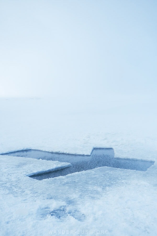 A cross cut from the surface of a frozen lake, Paravani Lake in Georgia.