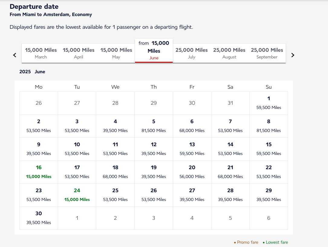 air france calendar view for miami to amsterdam flights in economy suing miles