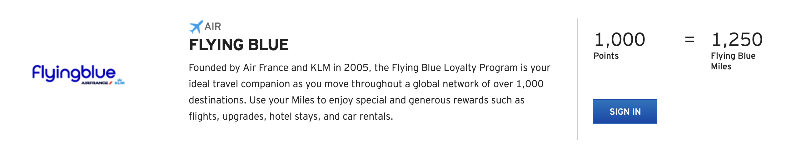 Citi ThankYou points transfers to Flying Blue, showing a 25% bonus.