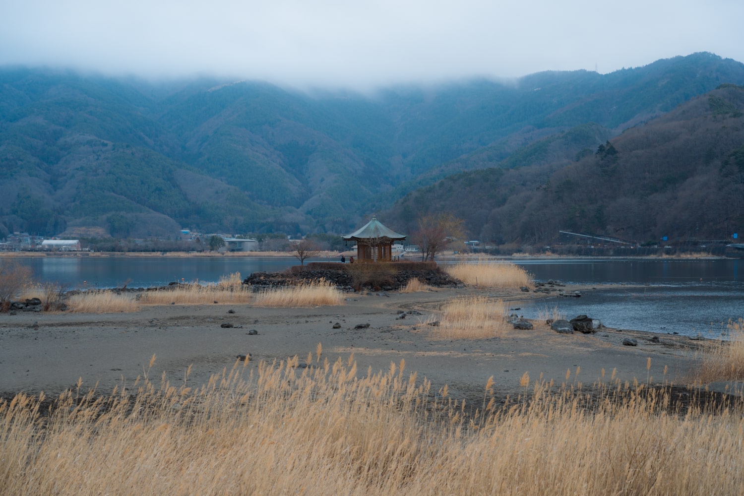 Rokkakudo Temple in the middle of Lake Kawaguchi, Fujikawaguchiko Japan.