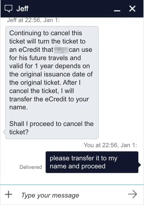 Delta chat confirming a ticket cancellation and transferring e-credit to the person who made the payment. 