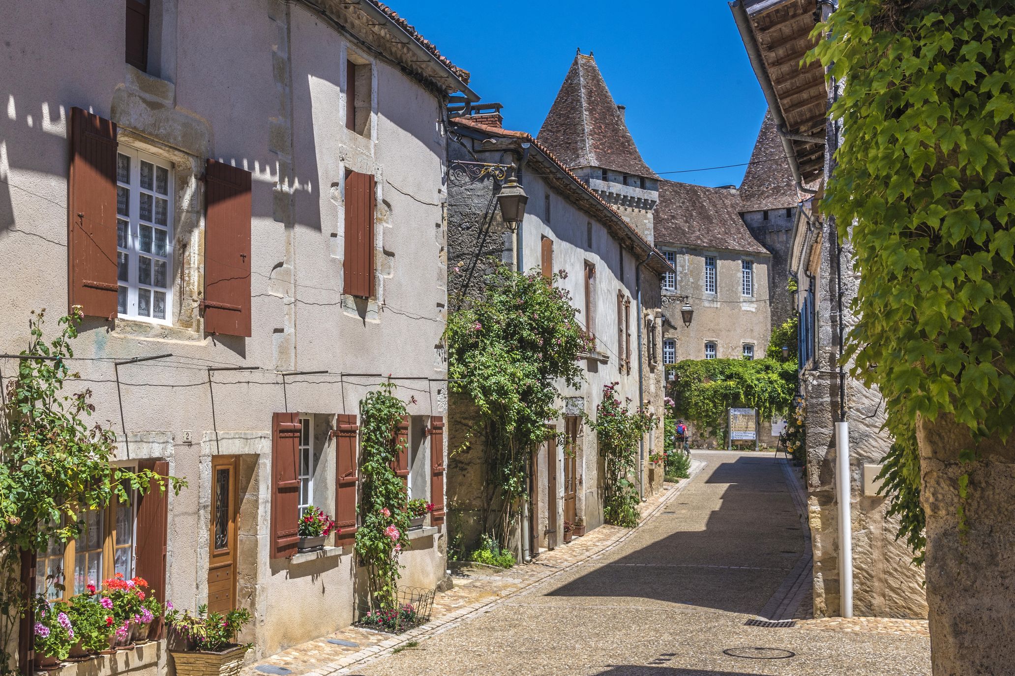 france, dordogne, perigord vert, saint jean de cole plus beau village de france most beautiful village in france, peasant houses with flowers along the street